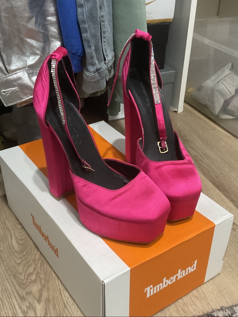 Hot Pink Platform Block Heel Pumps with Rhinestone Ankle Strap
